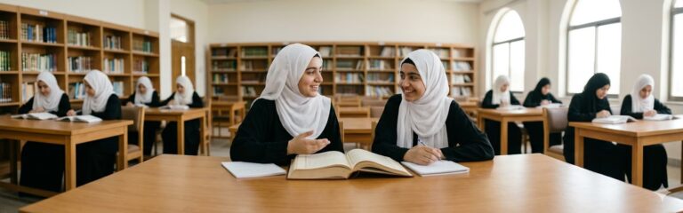 A panoramic shot of two female students in white hijabs and black abayas studying a large Islamic text together in a bright library with other students in the background.
