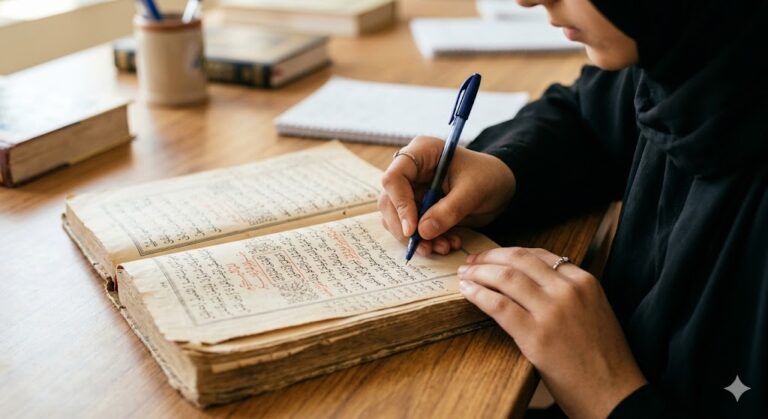 Close-up of a female student's hands in a black hijab writing notes in the margins of a classical Arabic Islamic text.