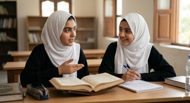 Two young women in black abayas and white hijabs sitting at a desk, discussing a large volume of Fiqh with smiles.