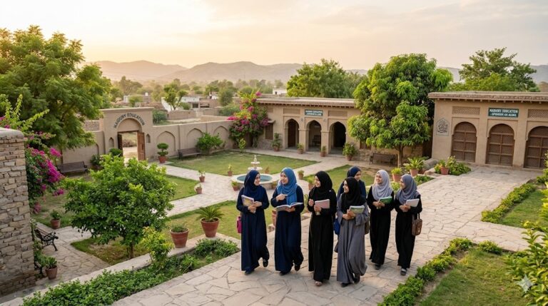 A group of female students in hijabs walking and talking in a bright, clean Madrasa courtyard in a rural village at sunset.