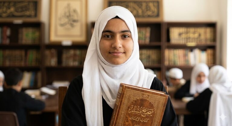 A confident 16-year-old female Pakistani student in a white hijab holding a large volume of Sahih Muslim Hadith in a library.