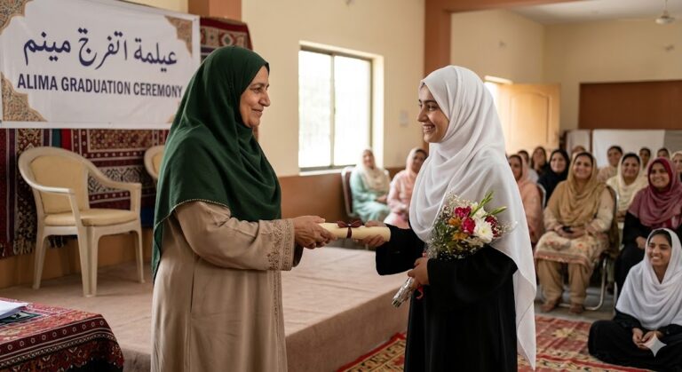 A senior female teacher handing a graduation certificate to a young Alima graduate on a stage in front of an audience of women.