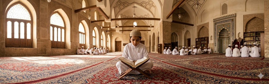 A panoramic view of a traditional sunlit Madrasa with a young student in a white thobe and Kufi studying the Qur'an in the center and other students in the background.