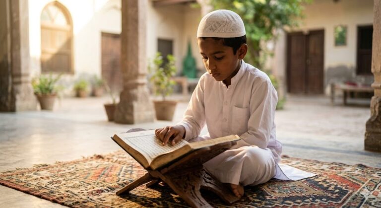 Young Pakistani boy in a white thobe and Kufi sitting in a sunlit Madrasa, focusing intently on the Holy Qur'an on a wooden stand.