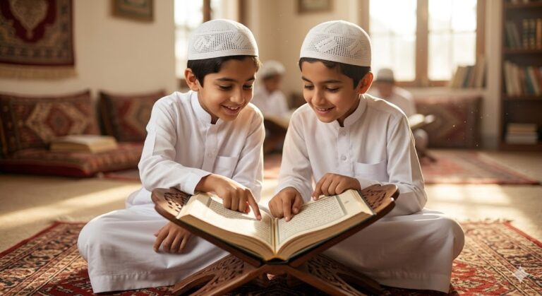 Two young Pakistani boys in white thobes sitting together on a rug, sharing a large Qur'an and smiling while studying together.