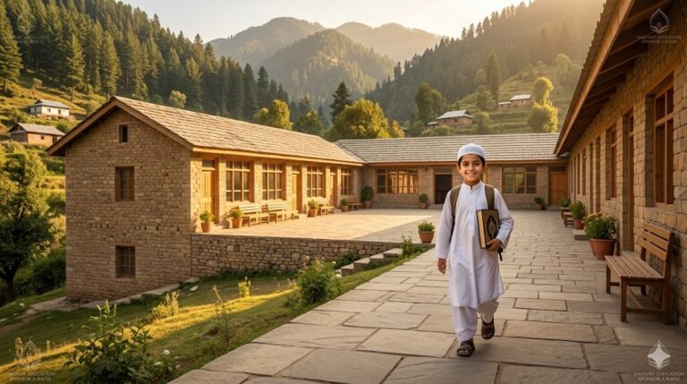 Wide landscape shot of a stone and wood Madrasa in a Kashmir village with a young student walking along a path with a backpack and Quran.