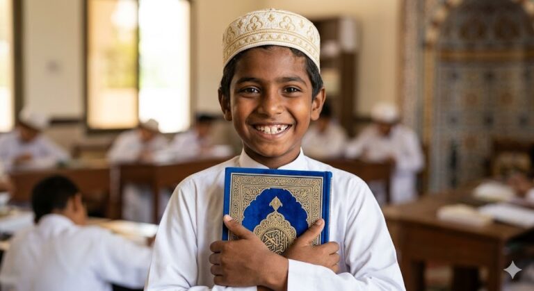 Close-up portrait of a 10-year-old Pakistani boy smiling joyfully while pressing a blue and gold Quran to his chest.