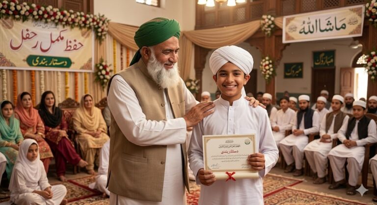 An elderly Imam with a white beard placing his hand on the shoulder of a graduating Hifz student holding a certificate at a ceremony.