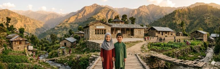 A panoramic landscape of a mountain village at sunset with a young boy and girl smiling in the center in front of a stone school building.