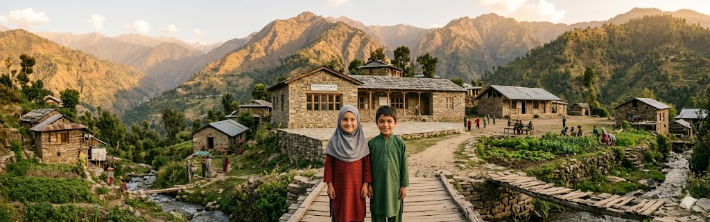 A panoramic landscape of a mountain village at sunset with a young boy and girl smiling in the center in front of a stone school building.