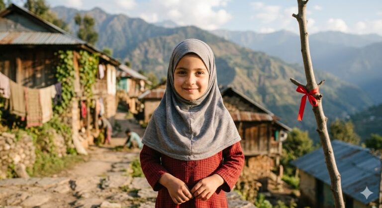 A smiling young girl in a grey hijab and red patterned dress standing in a sunlit mountainous village.