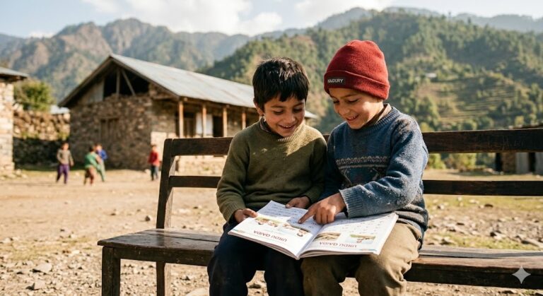 Two young boys sitting on a wooden bench outdoors, smiling and reading an educational book together in a rural village.