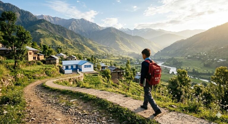 Rear view of a young boy with a red backpack walking along a winding mountain path toward a blue and white school building.