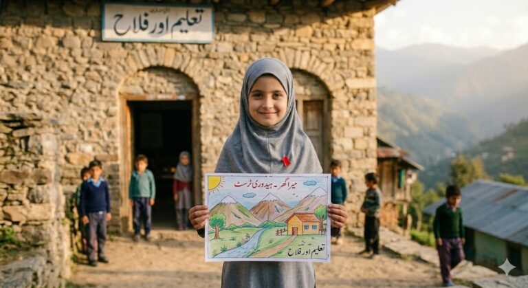 A young girl in a grey hijab holding up a colorful drawing of a house and mountains in front of a stone school building.