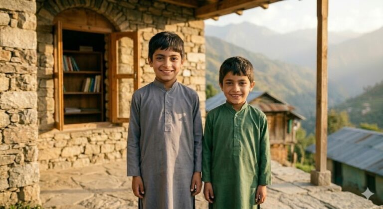Two young boys in traditional grey and green tunics standing together and smiling in front of a stone building with a bookshelf visible.